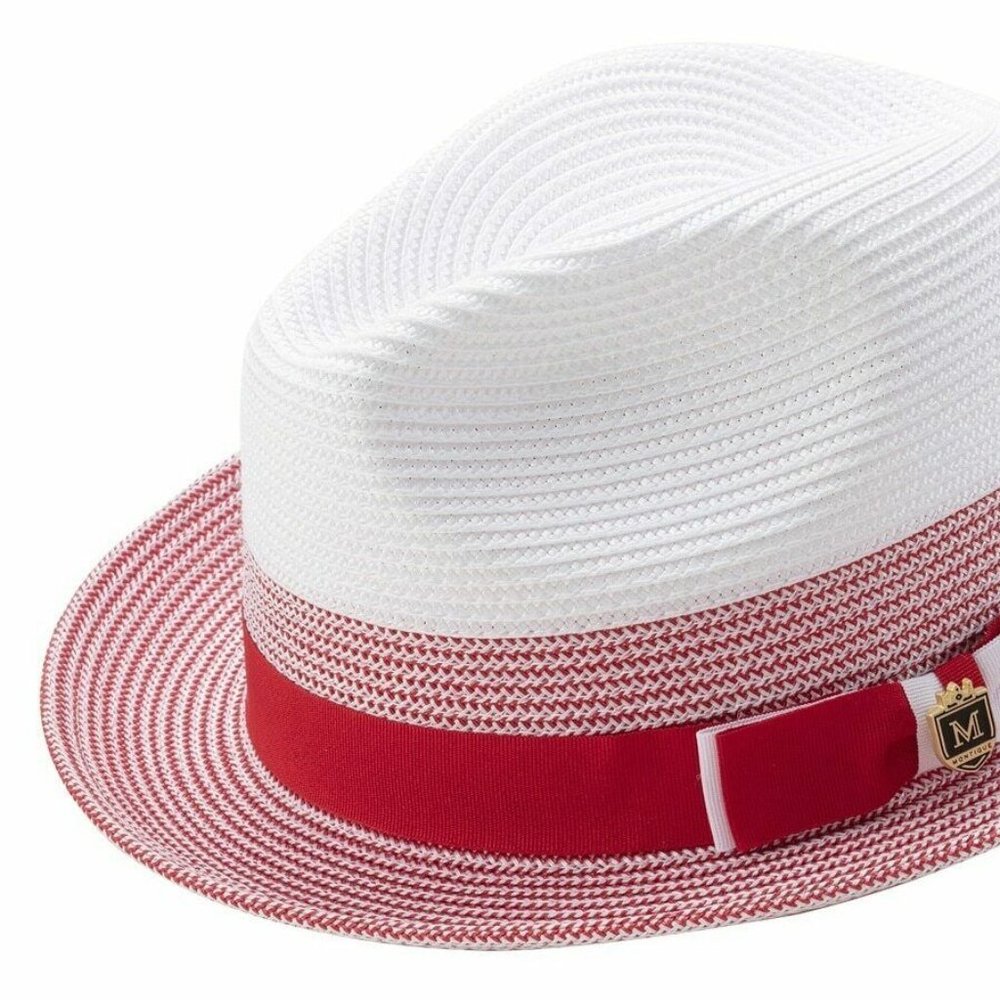 Montique Two Tone Red/ White Crown Braided Pinch Fedora Hat. h 69 - Picture 1 of 2